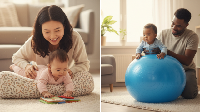baby doing tummy time on a ball