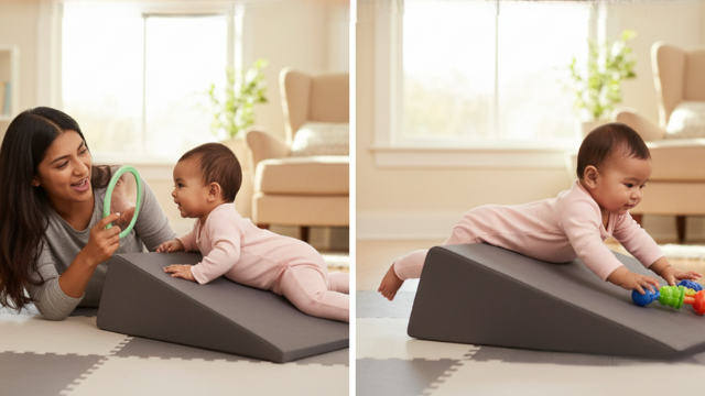 baby doing tummy time on inclined surface