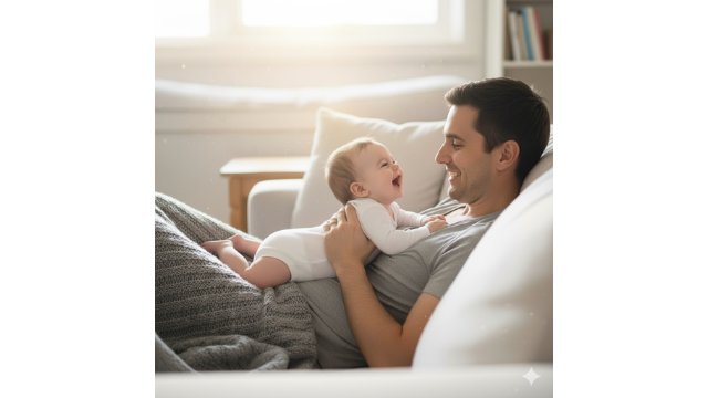 father and daughter doing tummy time on his chest