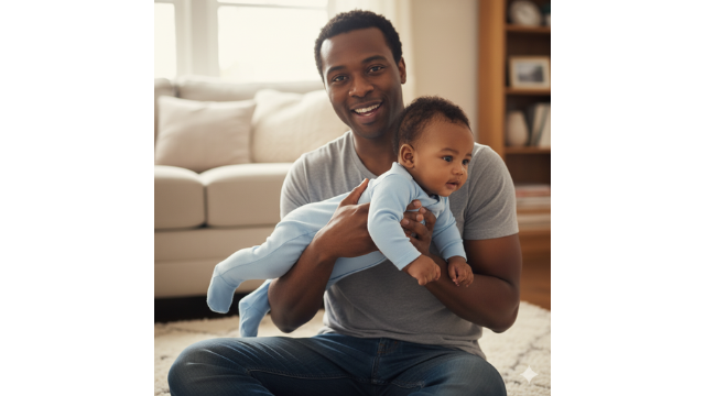 father holding daughter in forearms for flying tummy time