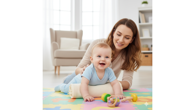 child doing tummy time woth blanket as support